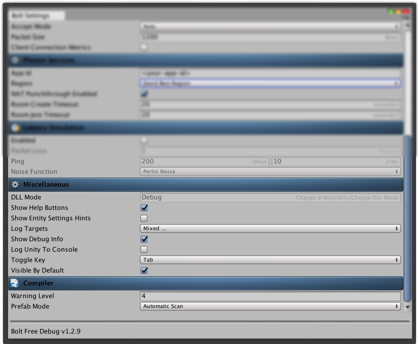 Bolt Settings window