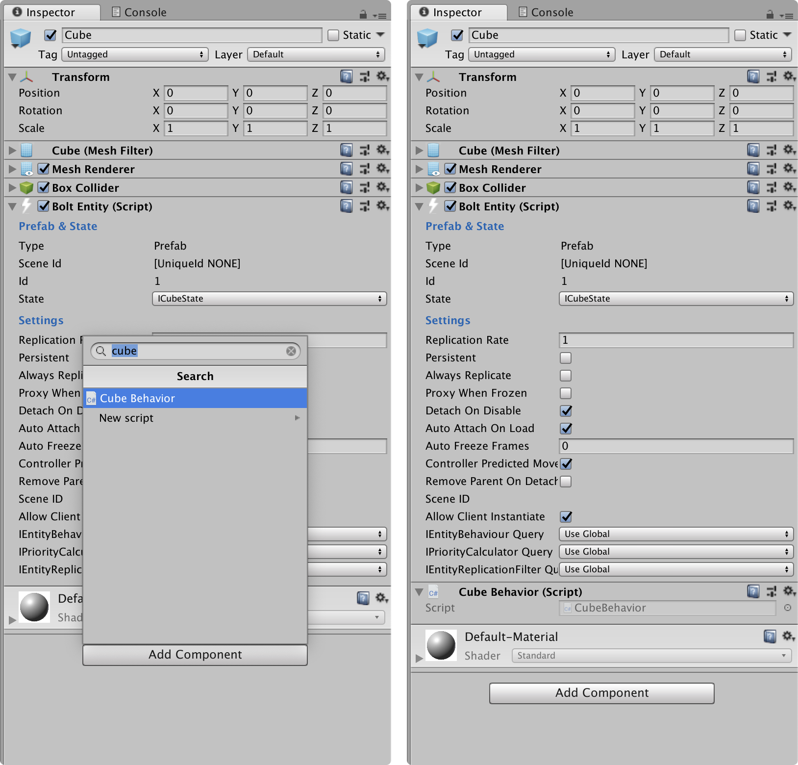 attach cube behavior to cube prefab